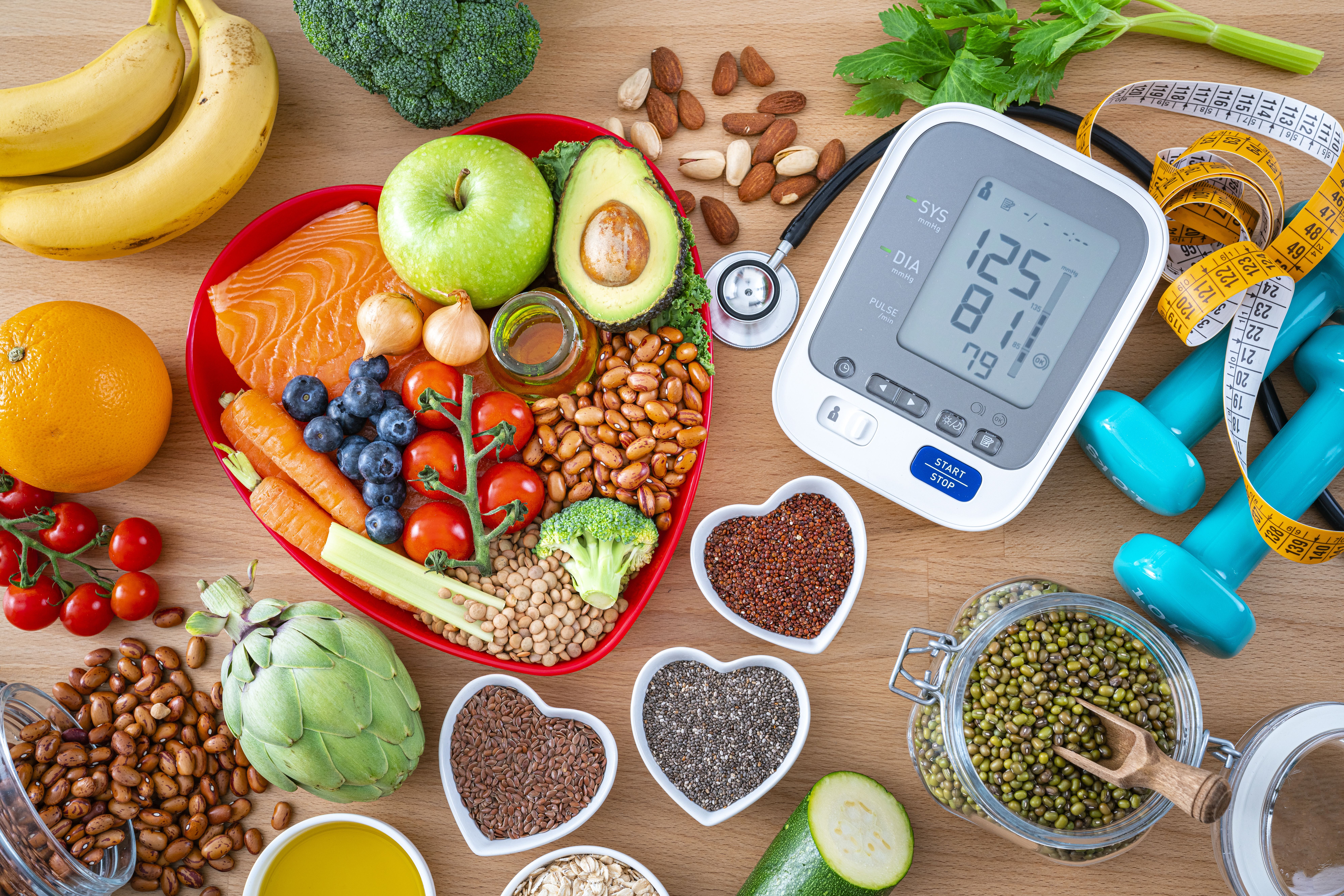 Quiz 6: healthy food surround a blood pressure monitor