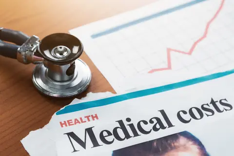 Stethoscope on table with rising medical costs graph.