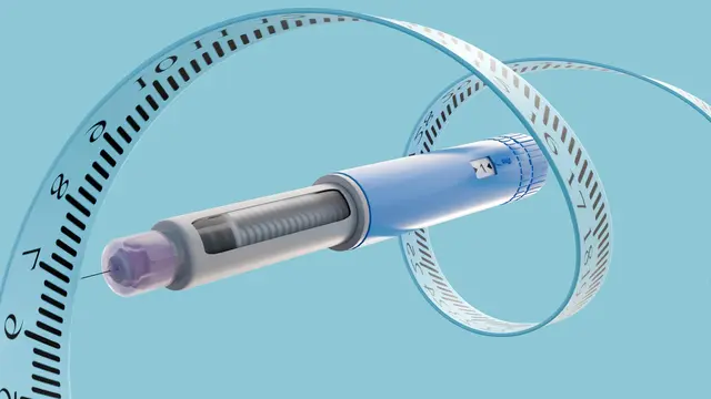 A measuring tape surrounding a GLP-1 injector