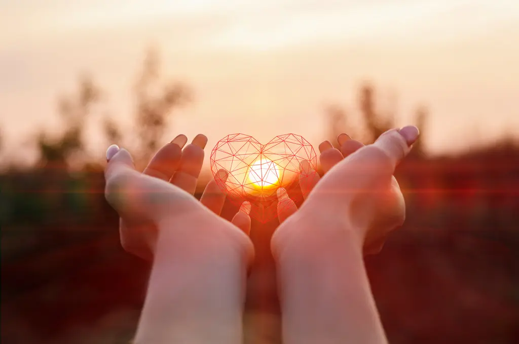 Hands holding a 3d heart illuminated by a setting sun