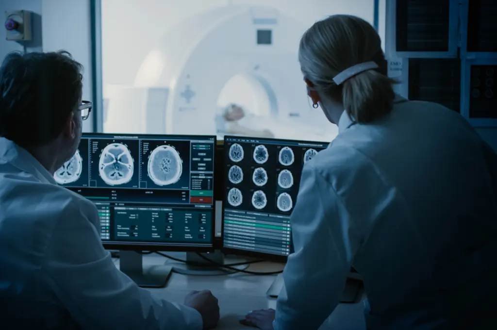 Doctors analyzing brain scans on computer screens in an MRI control room.