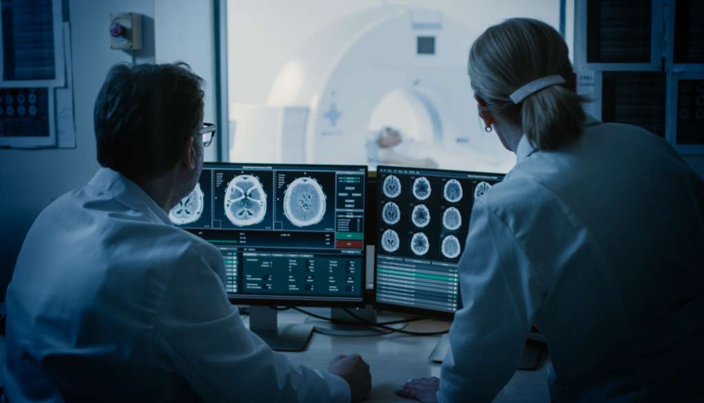 Doctors analyzing brain scans on computer screens in an MRI control room.