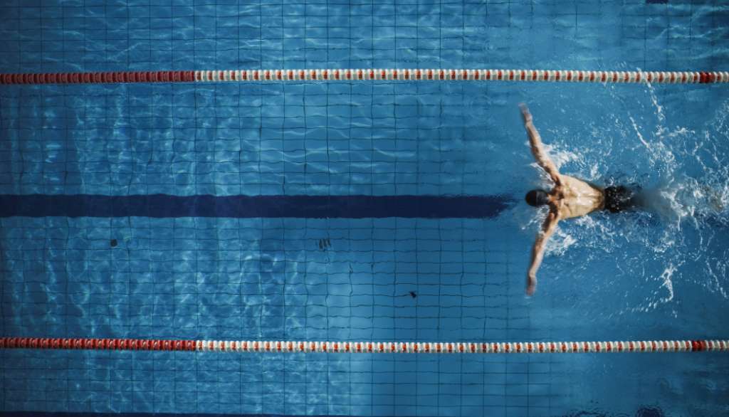 Swimmer doing butterfly stroke in a pool lane.