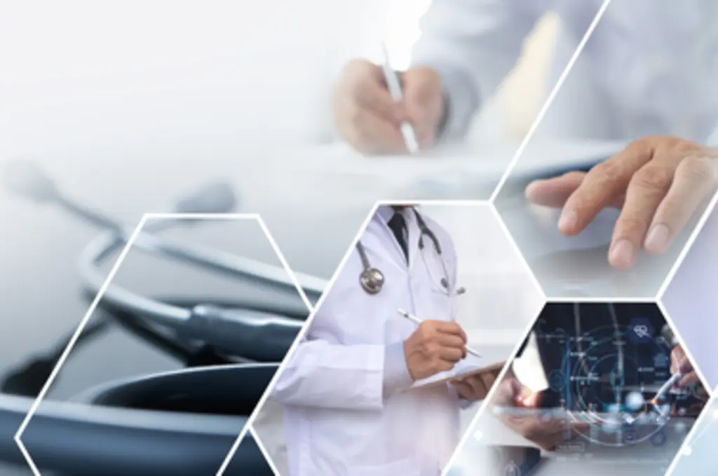 Medical collage with doctors, stethoscope, and lab equipment on a futuristic background.