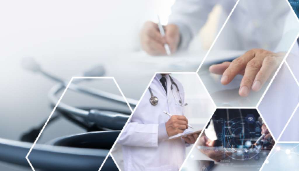 Medical collage with doctors, stethoscope, and lab equipment on a futuristic background.