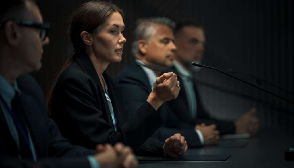 Women and men in suits at a conference table, one speaking into a microphone.