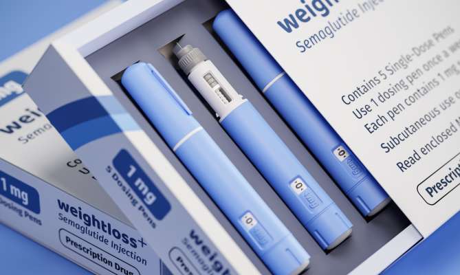 Blue semaglutide injection pens in a box labeled for weight loss.