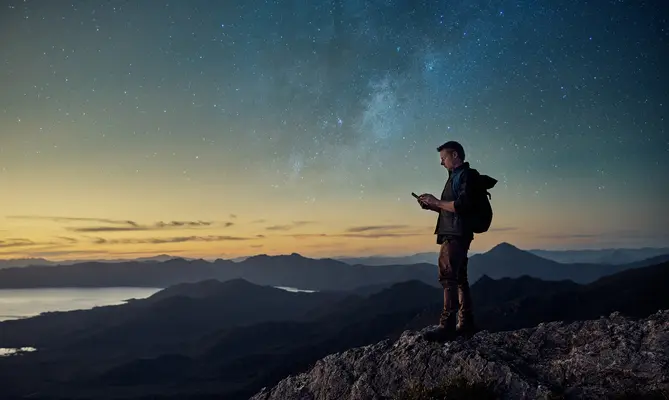 Person with backpack standing on a mountain at sunset, looking at phone. Stars in the sky.