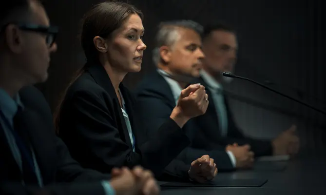 Women and men in suits at a conference table, one speaking into a microphone.