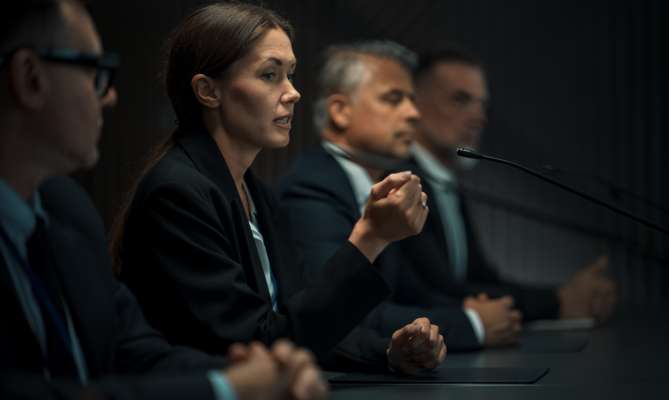 Women and men in suits at a conference table, one speaking into a microphone.
