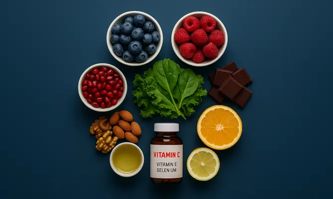 Vitamin bottle surrounded by fruits, nuts, and greens on a blue background.