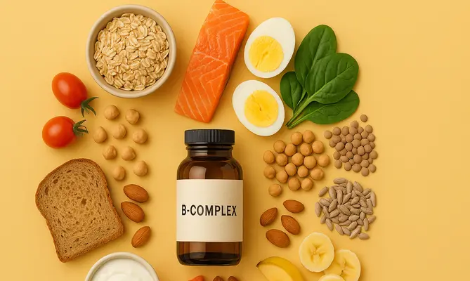 B-complex bottle with foods like salmon, eggs, spinach, and nuts on a yellow background.
