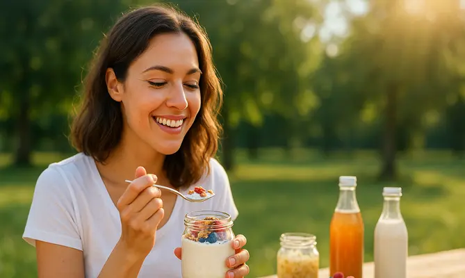 Woman smiling, eating yogurt with fruit outdoors in sunlight.