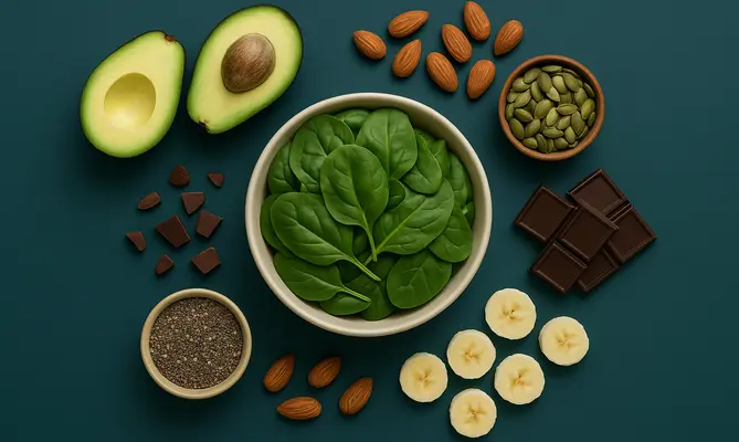 Bowl of spinach, avocado halves, almonds, seeds, chocolate, banana slices on teal background.