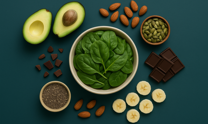 Bowl of spinach, avocado halves, almonds, seeds, chocolate, banana slices on teal background.