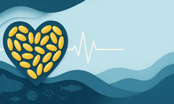 Heart-shaped pills and heartbeat line, with fish silhouettes below on blue waves.