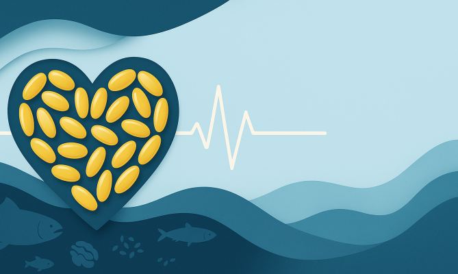 Heart-shaped pills and heartbeat line, with fish silhouettes below on blue waves.