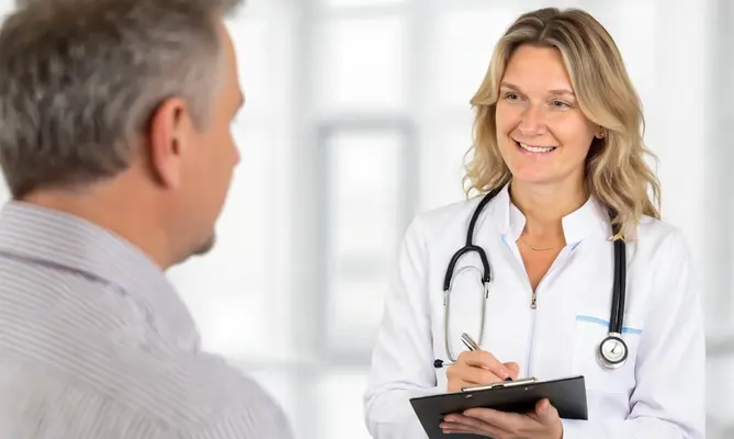 Doctor Kathryn Shoemaker smiling while talking to a patient, holding a clipboard.