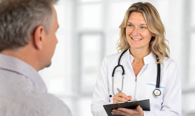 Doctor Kathryn Shoemaker smiling while talking to a patient, holding a clipboard.
