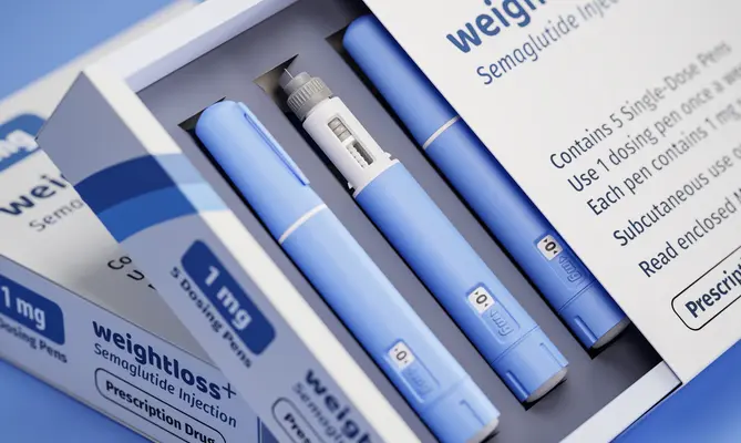 Blue semaglutide injection pens in a box labelled for weight loss