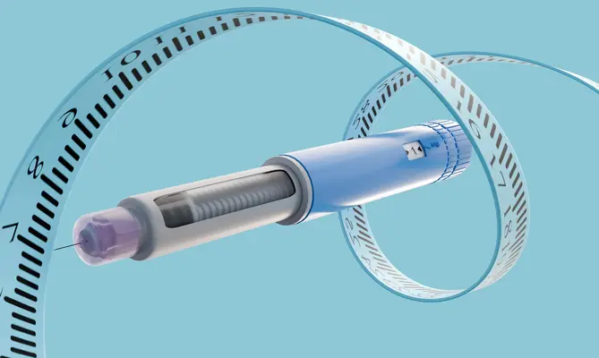 A measuring tape surrounding a GLP-1 injector