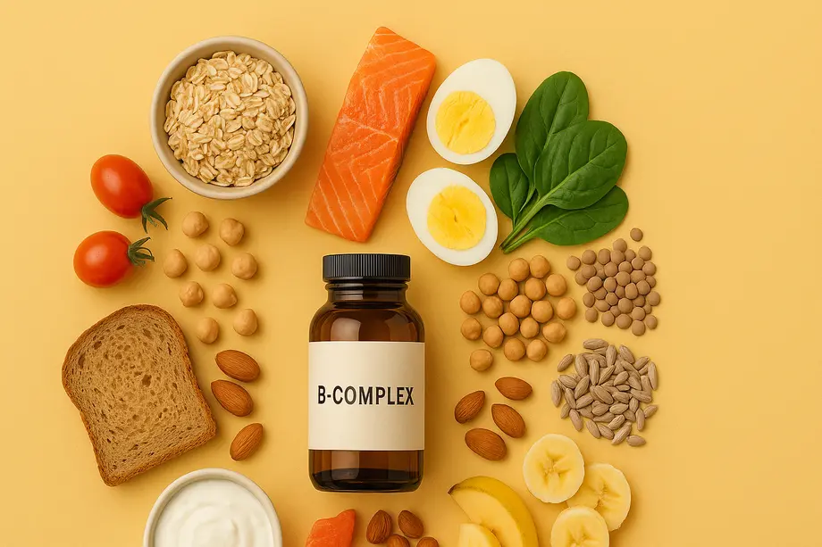 B-complex bottle with foods like salmon, eggs, spinach, and nuts on a yellow background.