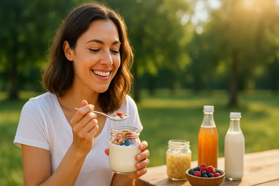 Woman smiling, eating yogurt with fruit outdoors in sunlight.