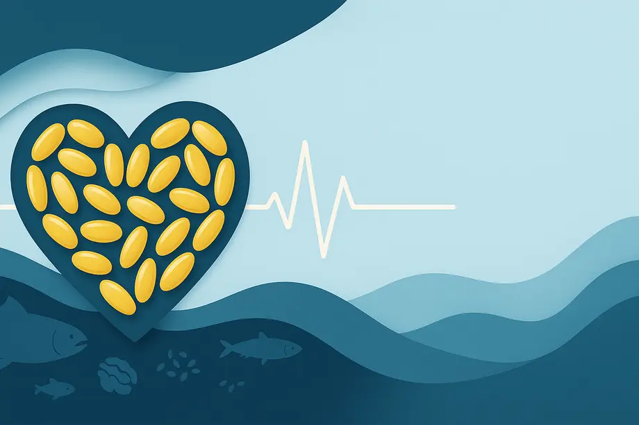 Heart-shaped pills and heartbeat line, with fish silhouettes below on blue waves.