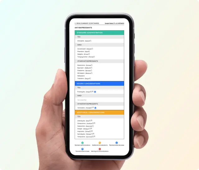 Hand holding a phone displaying a list of antidepressants and dosage guidelines.