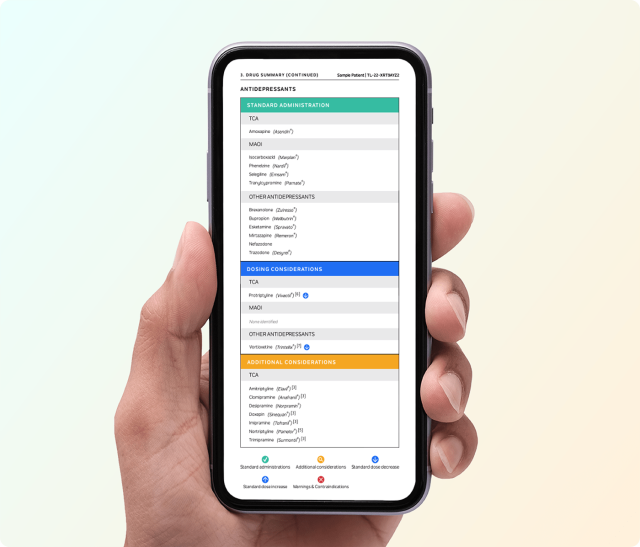 Hand holding a phone displaying a list of antidepressants and dosage guidelines.