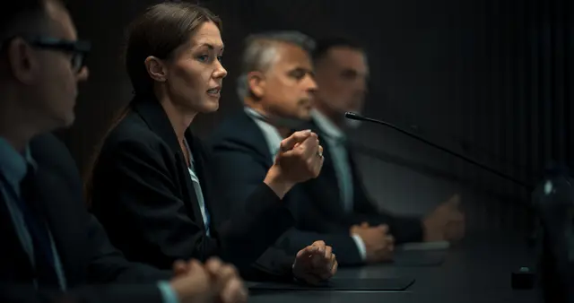 Women and men in suits at a conference table, one speaking into a microphone.