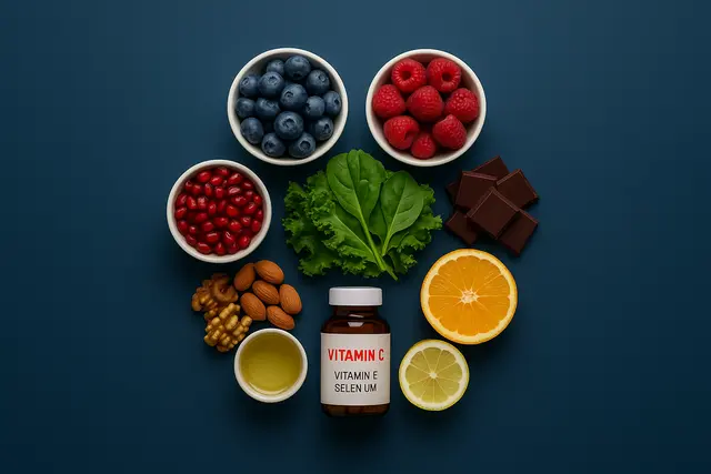 Vitamin bottle surrounded by fruits, nuts, and greens on a blue background.