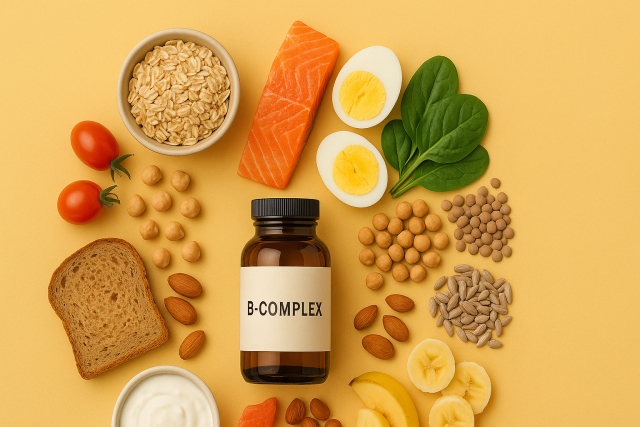B-complex bottle with foods like salmon, eggs, spinach, and nuts on a yellow background.