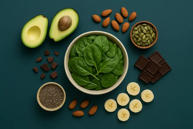Bowl of spinach, avocado halves, almonds, seeds, chocolate, banana slices on teal background.