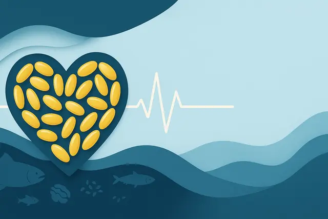 Heart-shaped pills and heartbeat line, with fish silhouettes below on blue waves.
