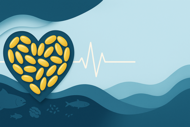 Heart-shaped pills and heartbeat line, with fish silhouettes below on blue waves.