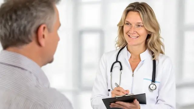 Doctor Kathryn Shoemaker smiling while talking to a patient, holding a clipboard.
