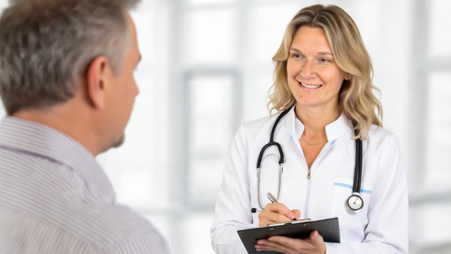 Doctor Kathryn Shoemaker smiling while talking to a patient, holding a clipboard.