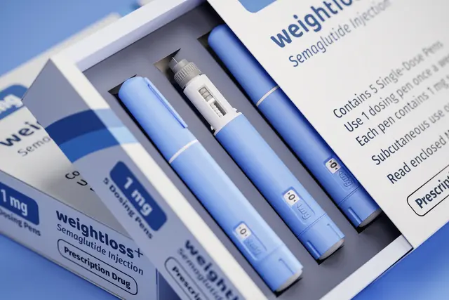 Blue semaglutide injection pens in a box labelled for weight loss